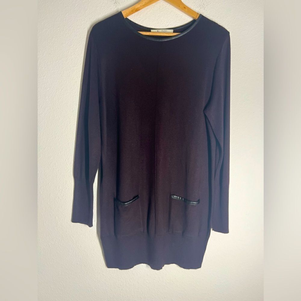 Monari Italy Bohemian Luxury Long Sweater 2 Pockets Faux Leather Details Purple
